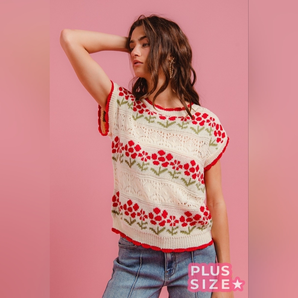 1-0310 *Boutique* Plus Crochet Floral Sleeveless Lightweight Sweater Top By BiBi